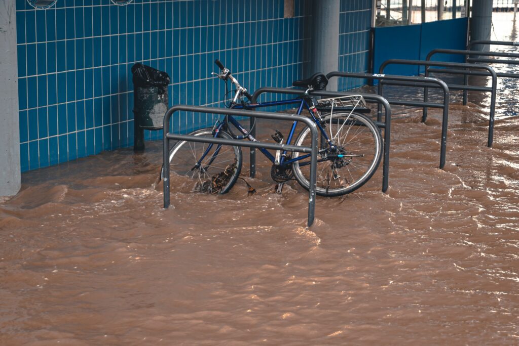 Flood waters surrounding a bicycle