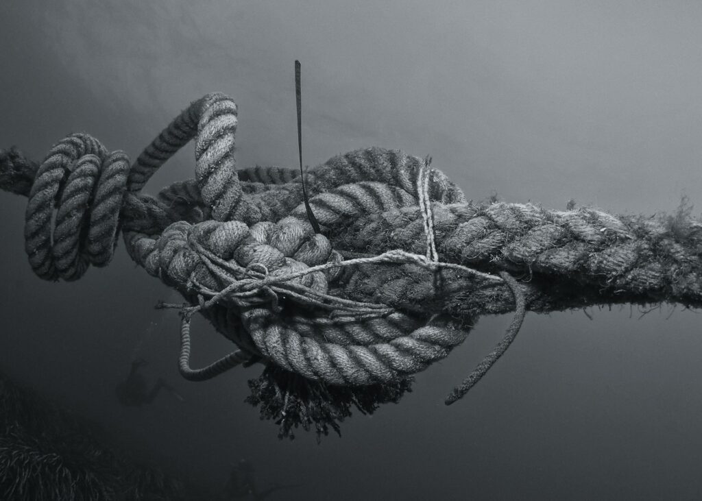 Frayed knot in a length of rope