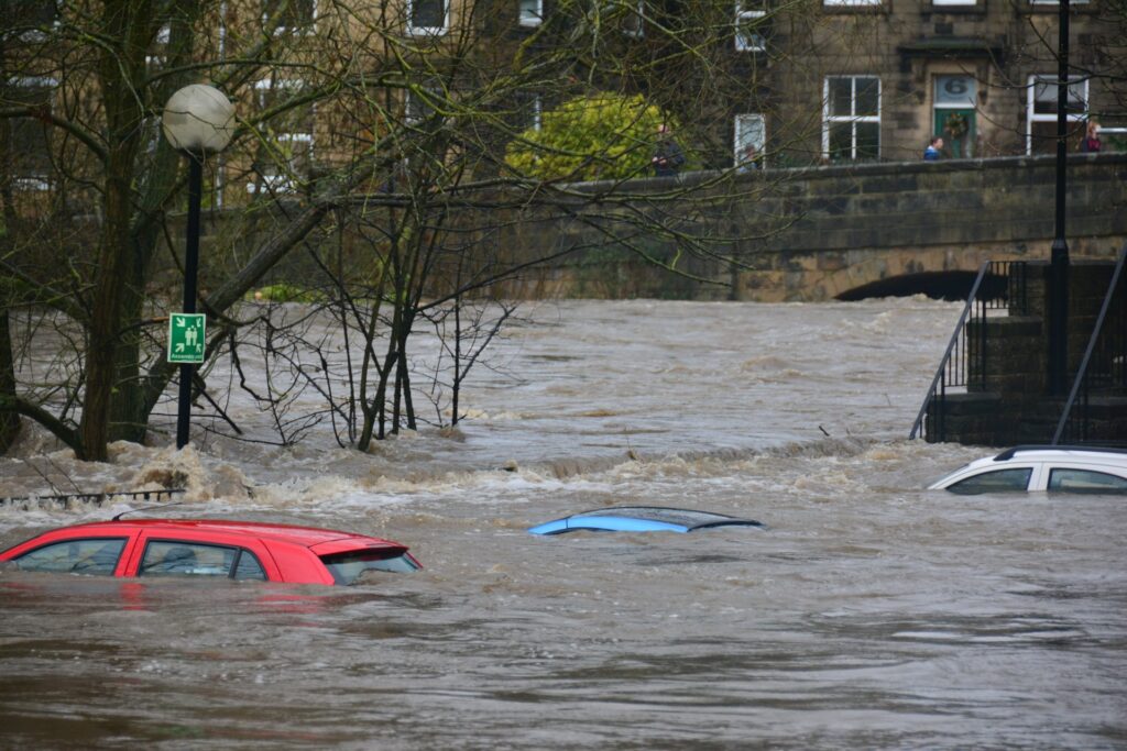 Submerged cars under flood waters
