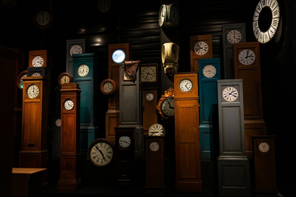 Room filled with grandfather clocks