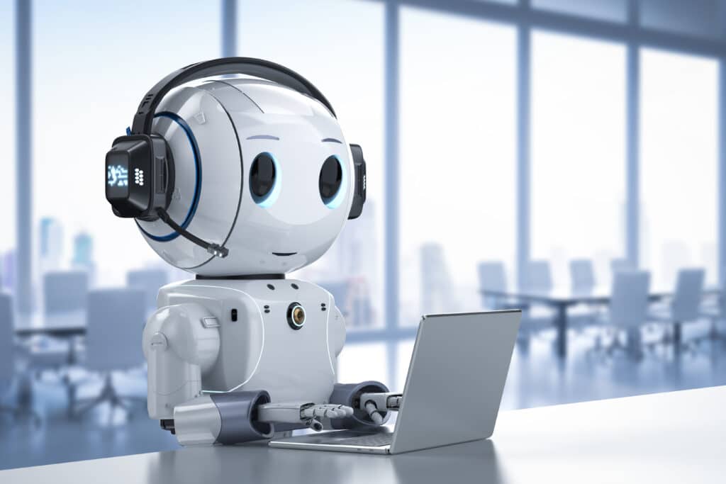 Automation customer service concept with 3d rendering cute robot working with headset and notebook