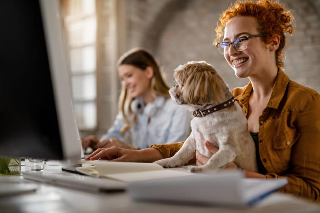 Woman working on computer with dog on her lap.