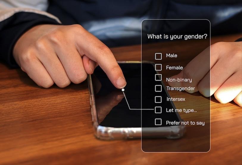 User making gender selection on mobile phone intake form.
