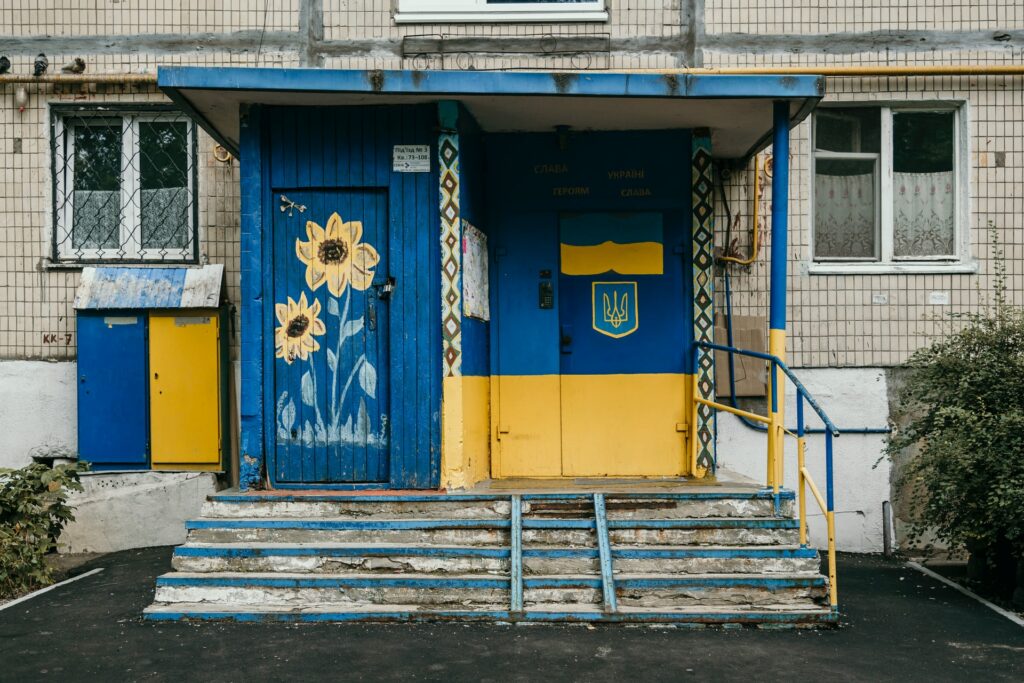 Building in Ukraine, painted in Ukrainian colors.