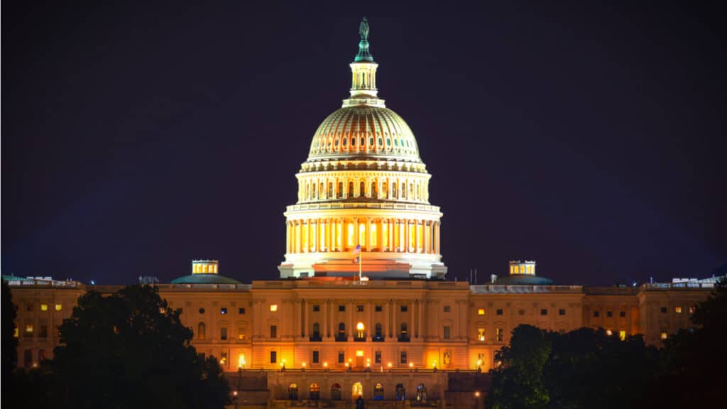 U.S. Capitol building at night.