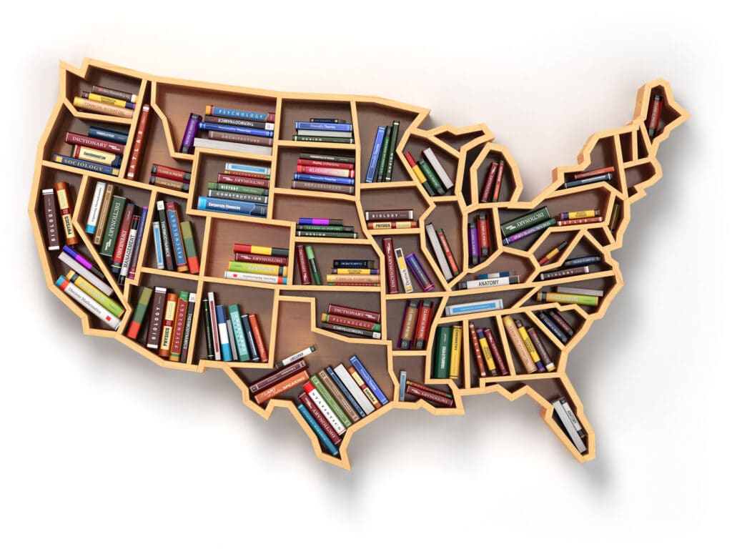 Bookshelf representing a map of the USA