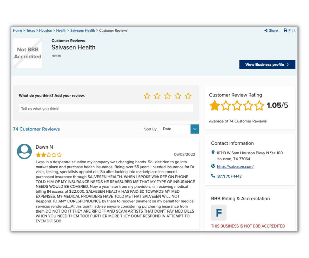 Better Business Bureau 2-star customer review of Salvasen Health