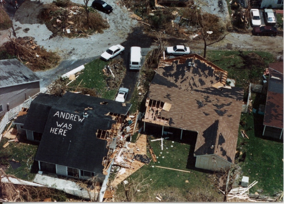 Aerial view of damage in southern Florida following Hurricane Andrew