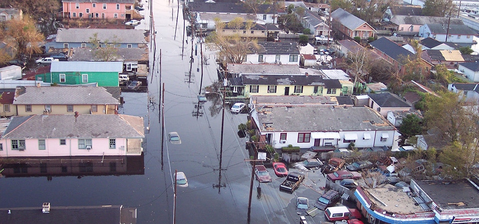 Aerial view of a New Orleans, La., neighborhood following Hurricane Katrina.
