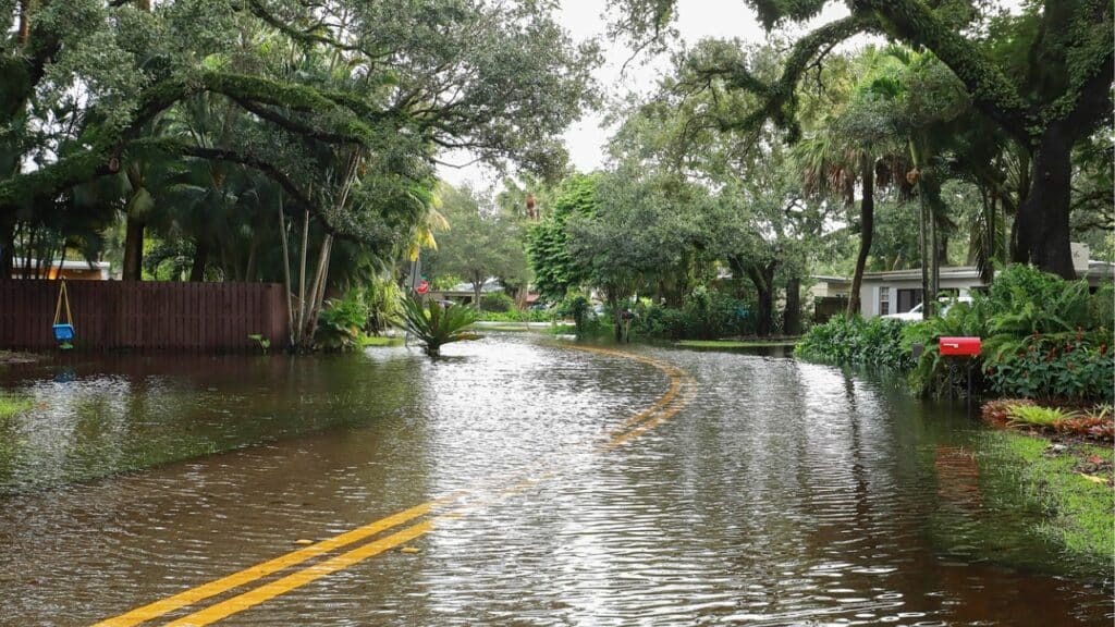 A neighborhood is flooded. A road can be seen under the water.