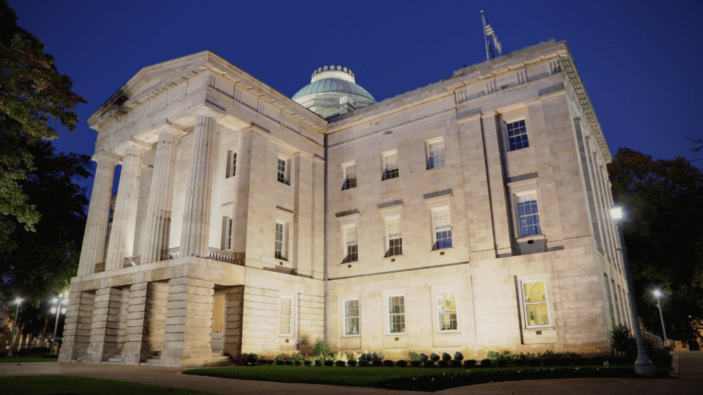 North Carolina state capitol at night.
