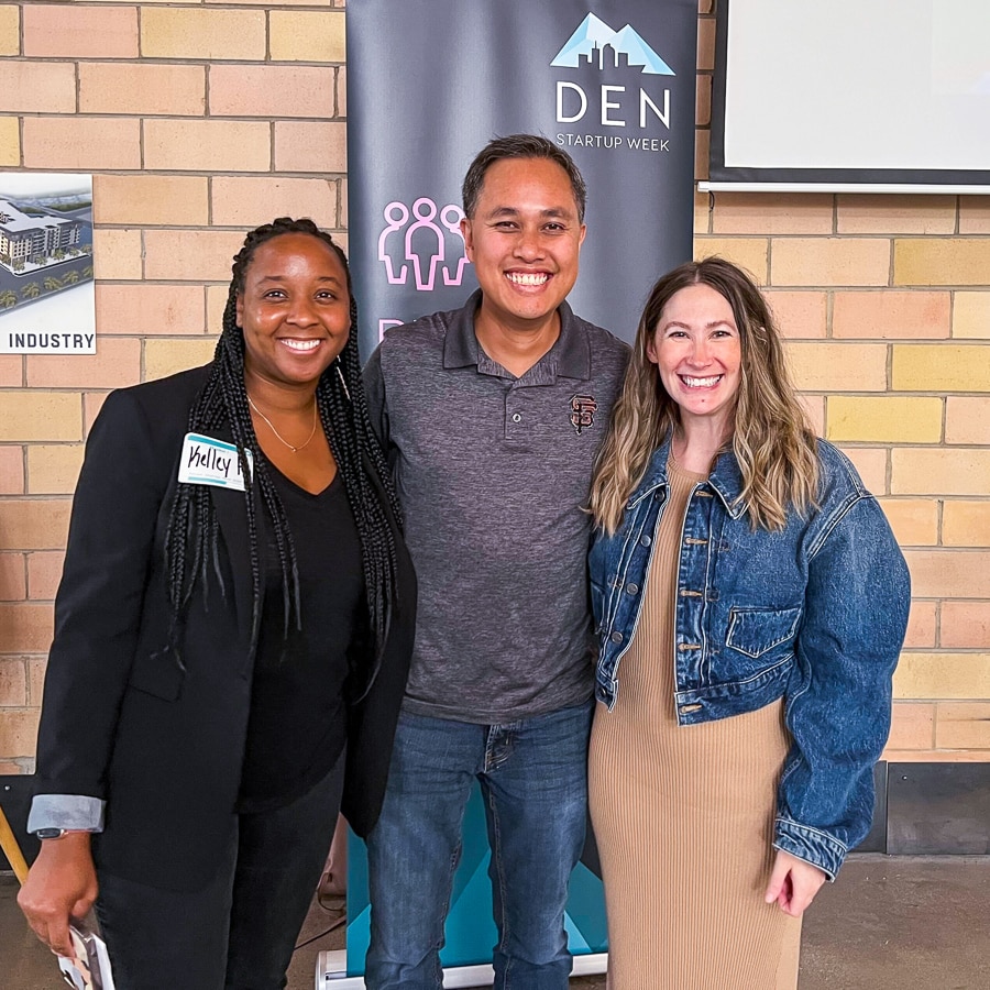 (L to R) UiFlow’s Kelley Hux, Contentful’s Tony Le, and AgentSync Head of Talent Lizzie Enderle Tubridy pose following their Denver Startup Week presentation on fostering transparency.