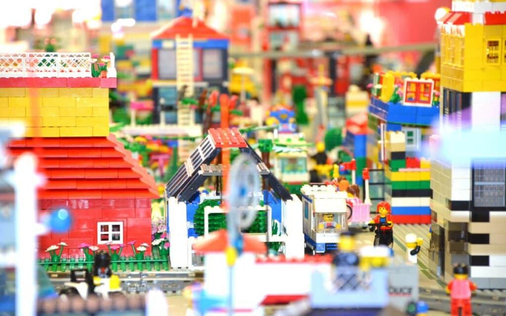 A close-up photo of a LEGO village