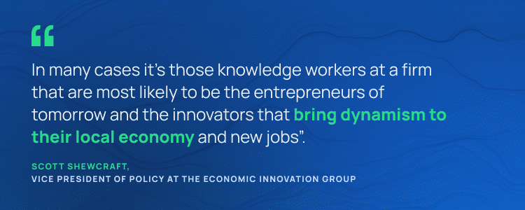 In many cases it's those knowledge workers at a firm that are most likely to be the entrepreneurs of tomorrow and the innovators that bring dynamism to their local economy and new jobs". SCOTT SHEWCRAFT, VICE PRESIDENT OF POLICY AT THE ECONOMIC INNOVATION CROUP