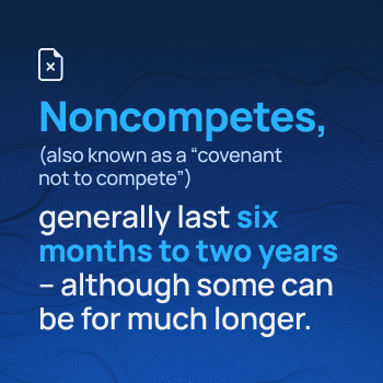Noncompetes, (also known as a "covenant not to compete") generally last six months to two years - although some can be for much longer.